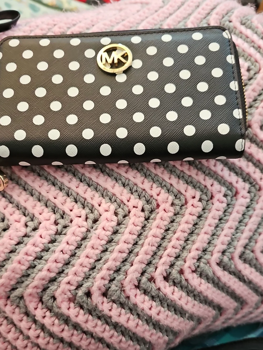 Michael Kors Black and White Polka Dot Zip Wallet with Gold MK Logo